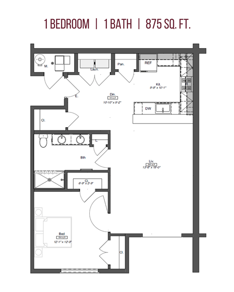Floor plan for 1 bed, 1 bath, 875 sqft